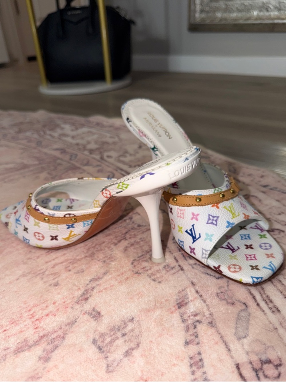 Louis Vuitton White Multicolor Monogram Heeled Mules with Stud Trim